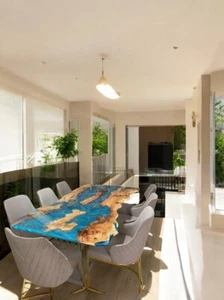 Luxury Blue Epoxy Dining Table Top Live Edge Wooden Cafeteria Bar Furniture Deco - Picture 1 of 8