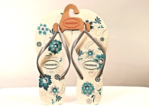 Havaianas Flip Flops adult Women 11/12 Sandals Floral Blue Tan Gold Beach - Picture 1 of 3