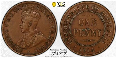 1914 Australia One Penny PCGS XF45 Bronze Coin 1D London George V Gold Shield - Image 1 of 4
