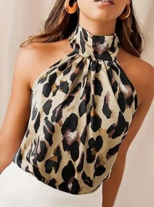 Leopard print high-neck, sleeveless women's summer top Medium new - Picture 1 of 3