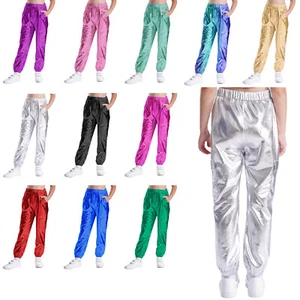Unisex Kids Dancewear Leggings Trousers Harem Pants Metallic Training Shiny - Picture 1 of 141