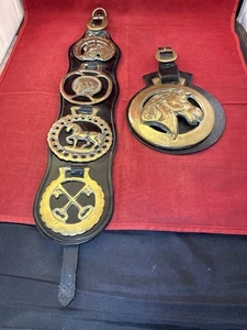 2 Vintage Martingale Horse Medallions, Badges On Leather Straps VG - Picture 1 of 11