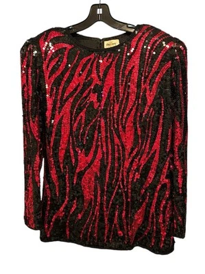 Vtg Oleg Cassini Silk Beads Sequins Shirt Blouse Sz Large Red Animal Print READ - Image 1 of 4