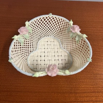 Vintage Belleek Porcelain Clover Shamrock Shape Rose Basket B154 - Image 1 of 4