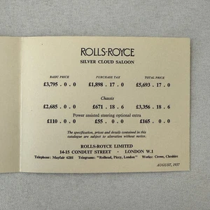1957 Rolls Royce Price List Card Brochure UK Market - Picture 1 of 4