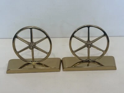 Vintage Pair Virginia Metalcrafters Brass Wagon Wheel Bookends, 6 1/2" x 5" High - Image 1 of 4