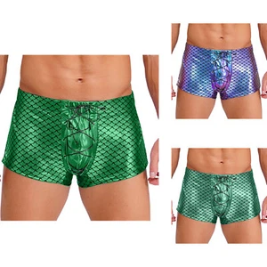 Men Shiny Boxer Shorts Holographic Jazz Costume Front Lace-up Fish Scales Print - Picture 1 of 34