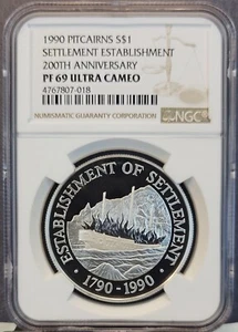 1990 PITCAIRN ISLANDS SILVER 1 DOLLAR SETTLEMENT ANNIV NGC PF 69 ULTRA CAMEO - Picture 1 of 3