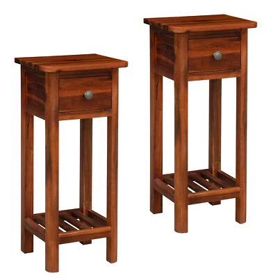 2 PCS 2 Tier End Bedside Sofa Side Table Acacia Wood Nightstand w/Storage Drawer - Image 1 of 4