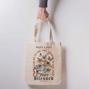 Cute Flower Canvas Tote Bag Large Reusable Grocery Bag Women Shoulder Bag Gift - Picture 1 of 7
