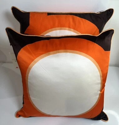 NEW Set Plush Living Pillows 100% Silk Satin Orange Brown Geo Print Cozy MCM - Image 1 of 4
