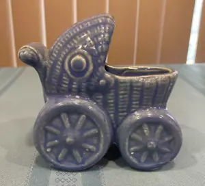 Vintage Pottery Miniature Blue Baby Carriage Flower Plant Holder Planter Vase - Picture 1 of 6