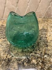 VTG Mid Century Modern Green Crackle Pinched Vase Bowl Art Glass