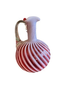 Murano rot & weiß Zuckerstange Wirbel Glas Vase Rüschen oben klar Griff 5" hoch - Bild 1 von 7