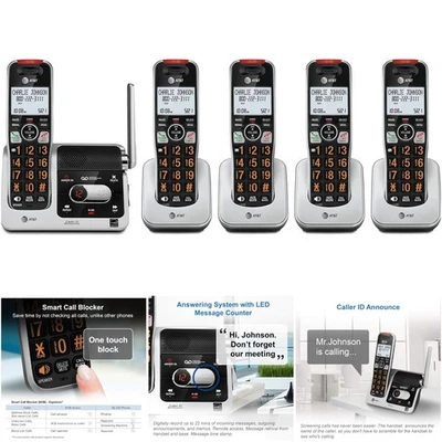 Telefone sem fio 5 aparelhos DECT 6.0 prata/preto secretária eletrônica residencial identificador de chamadas - Imagem 1 de 4