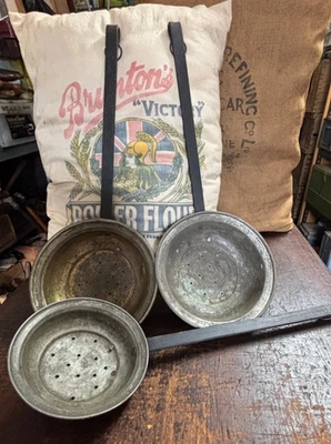 Vintage Set 3 Large Brass Skimmer Straining Ladles Tinned Brass & Forged Iron - Image 1 of 4