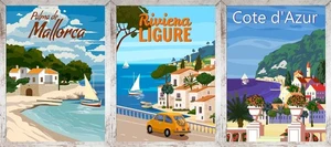 3er-Set gerahmte Bilder URLAUB REISE 3 x 30 x 40 cm – Retro Wanddeko bunt - Bild 1 von 2