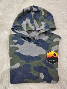 Eddie Bauer Sweater Boy Large 14/16 Green Camo Fleece Pullover Hoodie Youth Logo - Picture 1 of 8