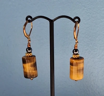 Gold tone Tiger's Eye barrel drop earrings with hematite - Image 1 of 4