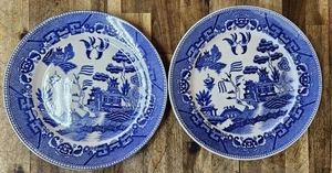 Antique Japanese Blue And White "Blue Willow" Plates 9-1/8" Set of 2 - Picture 1 of 5