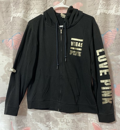 UNDERCOVER Felpa con cappuccio e zip Victoria Secrets ROSA nera stampa oro Las Vegas taglia media