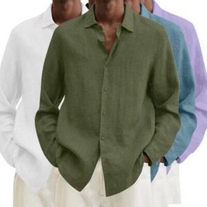 Mens Long Sleeve Shirt Button-down Blouse Solid Tops Baggy T-Shirt Lapel Dress - Picture 1 of 21