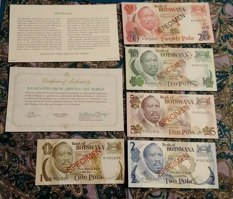 BOTSWANA 1979 1 - 20 Pula Complete 5 Specimen Set CS1 P 1-5 UNC 002438 COA Cover
