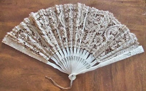Antique Vintage Carved Bone Tape Lace Hand Fan - Picture 1 of 10