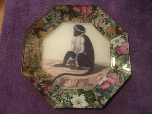 Decoupage Glass Octagonal Monkey Plate Signed B. Cardona - Picture 1 of 2