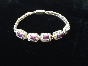 Beautiful Vintage Heavy Sterling Silver Bracelet with Amethyst Stones - 7 1/2" - Picture 1 of 12