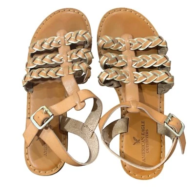 American Eagle Braided T-Strap Boho Sandals Buckle Ankle Strap Tan Women's 8 - Image 1 of 4