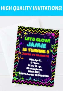 Personalised Glow Neon Disco Dance UV Rave Birthday Party Invitations Invites - Picture 1 of 3