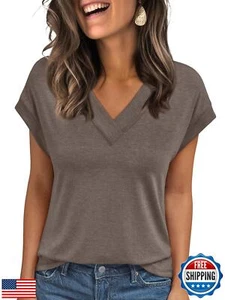 AUTOMET Womens Cap Short Sleeve T Shirts Summer Tops 2025 V Neck Dressy Casua - Picture 1 of 5