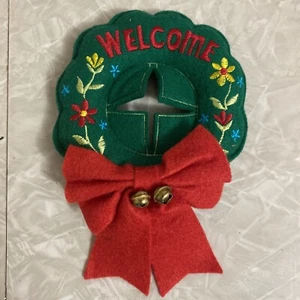 Vintage Felt Christmas Wreath Door Knob Hanger Embroidered Jingle Bells Welcome - Picture 1 of 10
