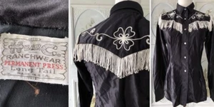 VTG 60s H BAR C RANCHWEAR USA WESTERN SHIRT BLACK EMBROIDERED PEARL SNAP 32 EUC - Picture 1 of 12