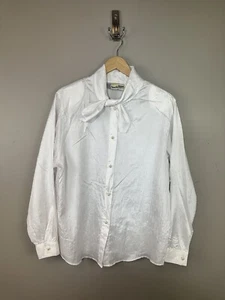 Vintage Diane Von Furstenberg Crinkle Button Up Shirt Blouse Pearl White Bow 14 - Picture 1 of 11
