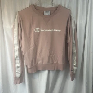 Champion Pink Crewneck Sweatshirt Women’s Medium Logo Tape Sleeves Embroidered - Picture 1 of 6