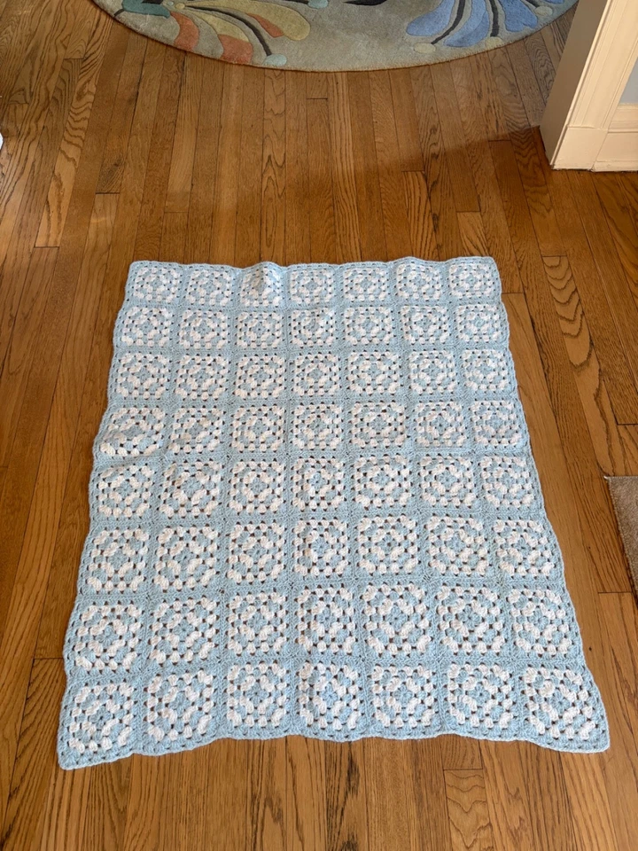 Blue and White Granny Square Crochet Baby Crib Stroller Toddler Blanket - Image 1 of 1