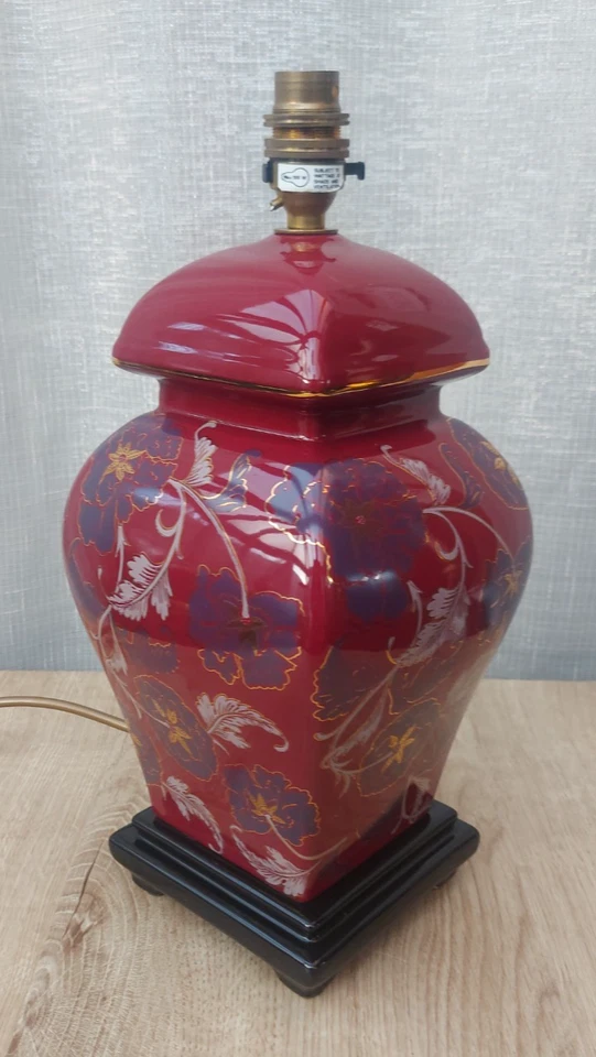 Vintage Table Lamp Large Ceramic Burgundy Red Floral Table Bedside Lamp Light - Image 1 of 4