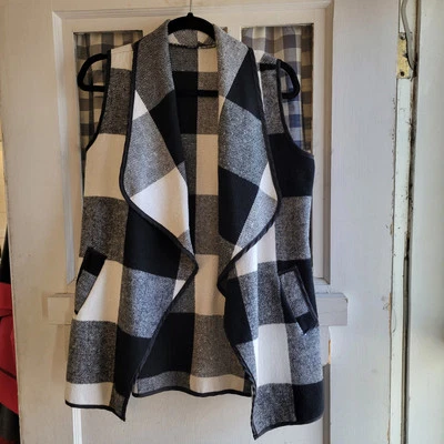 Chaleco para mujer sin mangas a cuadros búfalo negro/blanco bolsillos de franela talla pequeña Foto 1 de 4