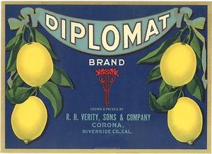 *Original* DIPLOMAT Riverside Corona Verity & Sons Lemon Crate Label NOT A COPY! - Picture 1 of 1