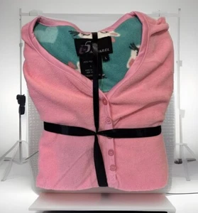 Women's Fleece Pajama Set 2 Piece Pink Green Kitty V Neck Long Sleeve Size L - Picture 1 of 8