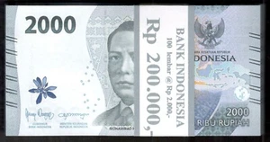 Lot 100 Pcs 1 Bundle Indonesia 2000 2,000 Rupiah 2022 UNC New Design - Picture 1 of 2