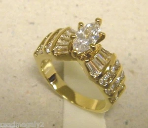 Lady's Women's Yellow Gold Plated CZ Ring Channel Set Marquise Solitaire Size 9 - Picture 1 of 11