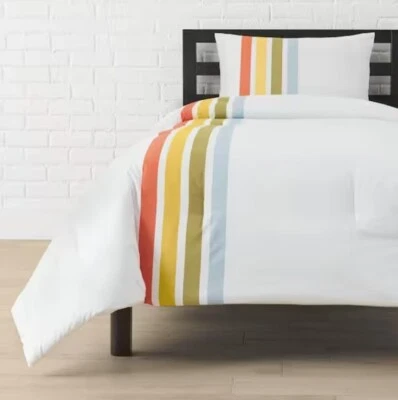 Conjunto de edredom de microfibra 3 peças multicolorido listra retrô completo/rainha.  - Imagem 1 de 4