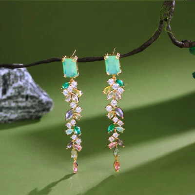 Muliticolor Baguette Yellow Gold Plated CZ Women Long Leaf Drop Dangle Earrings - Изображение 1 из 4