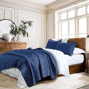 100% Cotton Quilt Set Queen Size, Navy Blue Pre-washed 3-Piece Bedspread - Picture 1 of 7