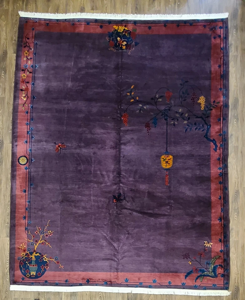Antique handwoven art deco Chinese rug size 9x11'4" cir 1920s  purple colors  - Image 1 of 4