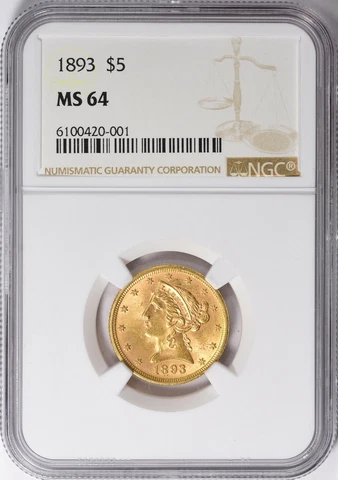 1893 LIBERTY HEAD HALF EAGLE $5 GOLD NGC MS64 Cover