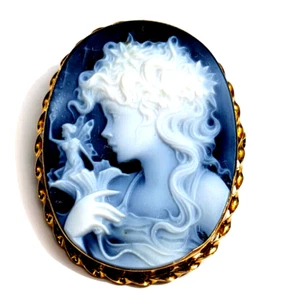 THE BEST 18K Gold Blue Agate Carved Woman Holding Fairy Cameo Pin Brooch Pendant - Picture 1 of 16
